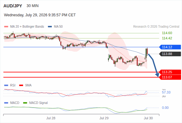 The downside prevails as long as 114.12 is resistance, with 113.25 and 113.07 as targets