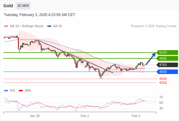 Posiciones largas por encima de 4600 con objetivos a 4955 y 5110 en extensión.