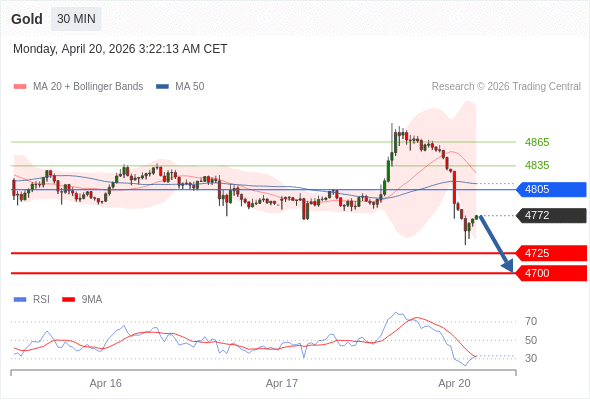 在 4805 之下，看跌，目标价位为 4725 ，然后为 4700 。