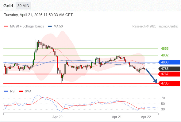 在 4808 之下，看跌，目标价位为 4767 ，然后为 4735 。