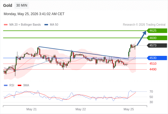 Long positions above 4530 with targets at 4600 & 4625 in extension.
