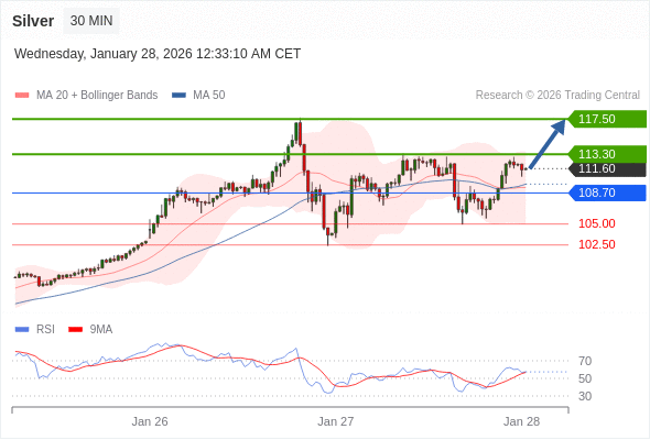 Perak mungkin naik ke 113,30 - 117,50.