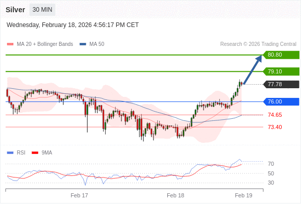 在 76.00 之上,看涨,目标价位为 79.10 ,然后为 80.80 。