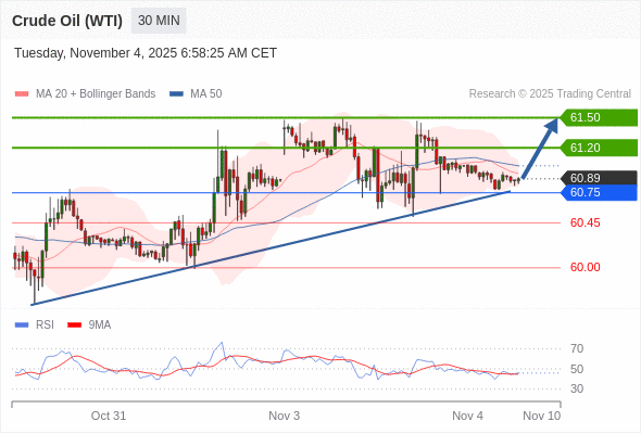 在 60.75 之上,作多,目標價為 61.20,第二目標價為 61.50。