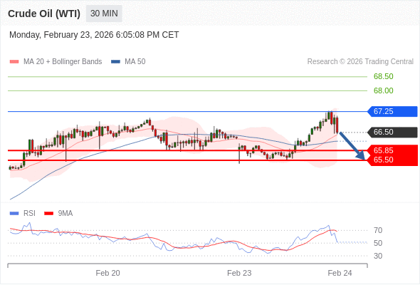 Short positions below 67.25 with targets at 65.85 & 65.50 in extension.