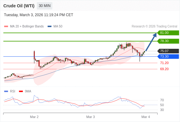 Minyak Mentah (WTI) mungkin naik ke 78.30 - 81.00.