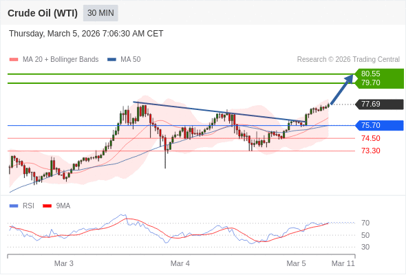 Minyak Mentah (WTI) berpotensi naik ke 79,70 - 80,55.