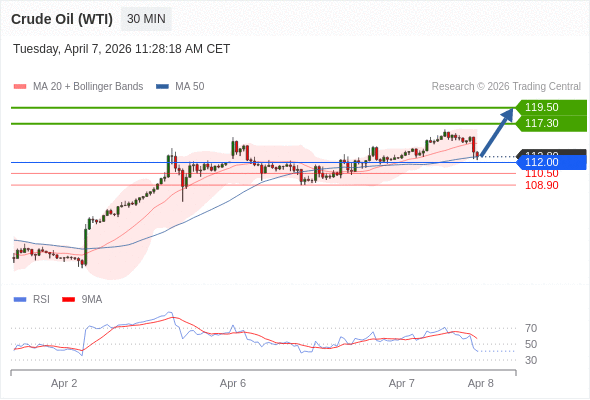Long positions above 112.00 with targets at 117.30 & 119.50 in extension.