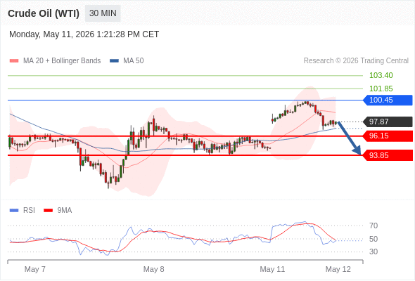 Crude Oil (WTI) may fall to 93.85 - 96.15.