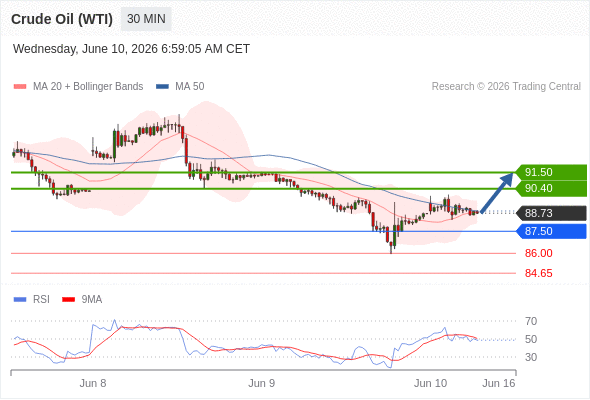 Long positions above 87.50 with targets at 90.40 & 91.50 in extension.