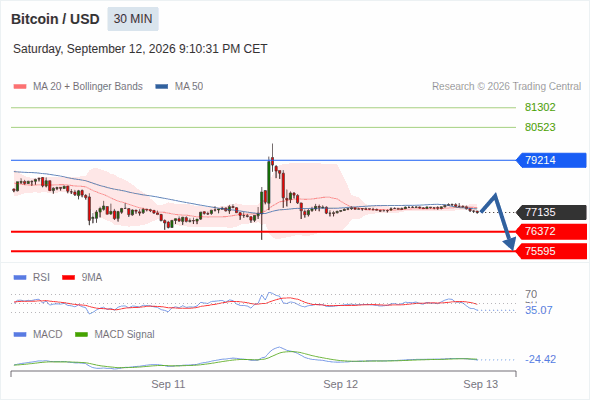 The downside prevails as long as 79,214 is resistance, with 76,372 and 75,595 as targets