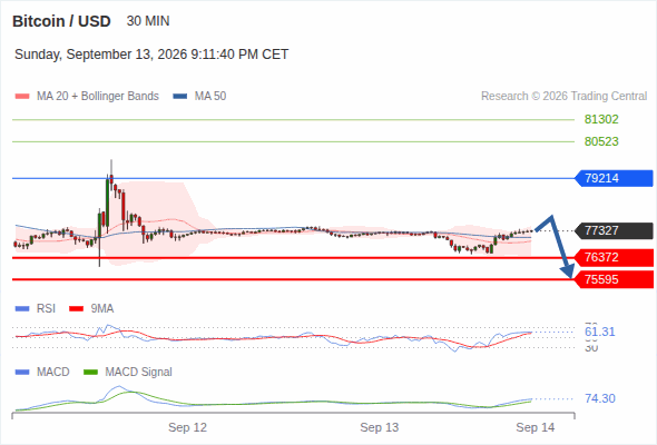 The downside prevails as long as 79,214 is resistance, with 76,372 and 75,595 as targets