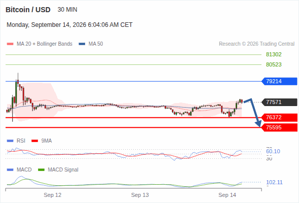 The downside prevails as long as 79,214 is resistance, with 76,372 and 75,595 as targets