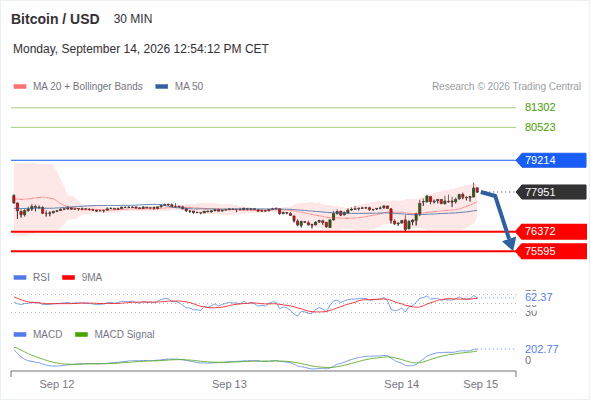 The downside prevails as long as 79,214 is resistance, with 76,372 and 75,595 as targets