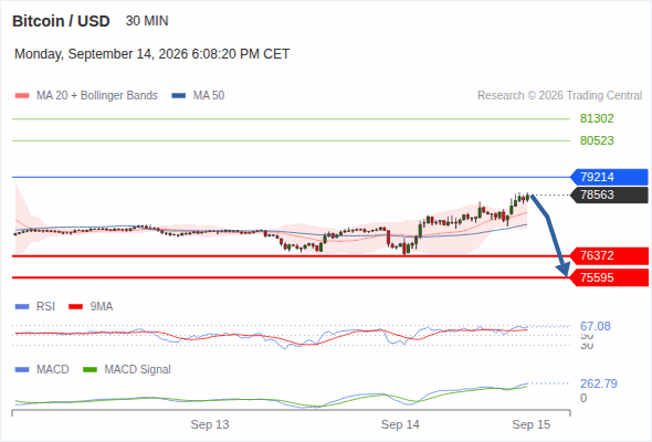 The downside prevails as long as 79,214 is resistance, with 76,372 and 75,595 as targets