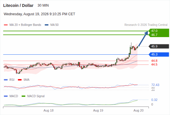 A tendencia de alta prevalece enquanto 45,3 for o suporte, com 46,7 e 47,0 como alvos