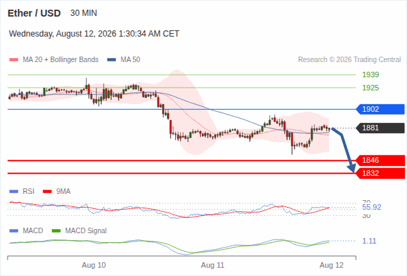 The downside prevails as long as 1,902 is resistance, with 1,846 and 1,832 as targets