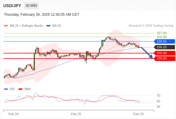 在 156.55 之下，看跌，目标价位为 155.90 ，然后为 155.60 。