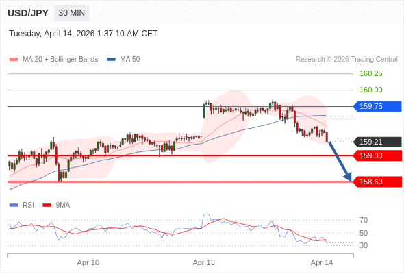 在 159.75 之下,作空,目標價為 159.00 ,第二目標價為 158.60。