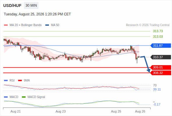 The downside prevails as long as 311.87 is resistance, with 309.01 and 308.32 as targets