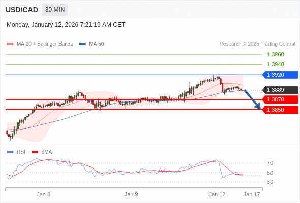 Posições vendidas abaixo de 1,3920 com alvos a 1,3870 e 1,3850 em extensão.