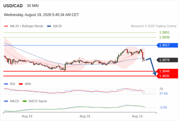 Under pressure below 1.3917, with 1.3848 and 1.3835 as targets