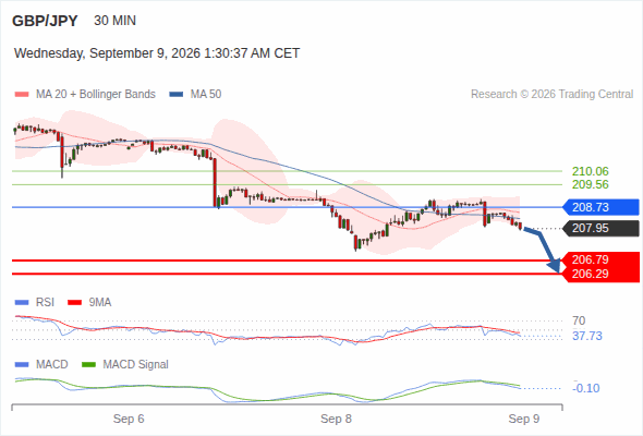The downside prevails as long as 208.73 is resistance, with 206.79 and 206.29 as targets