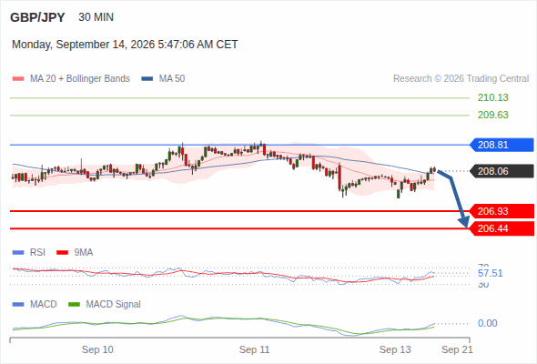 The downside prevails as long as 208.81 is resistance, with 206.93 and 206.44 as targets