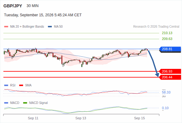 The downside prevails as long as 208.81 is resistance, with 206.93 and 206.44 as targets