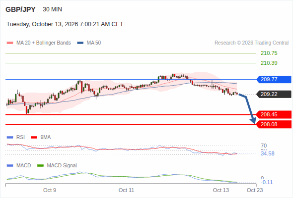 The downside prevails as long as 209.77 is resistance, with 208.45 and 208.08 as targets