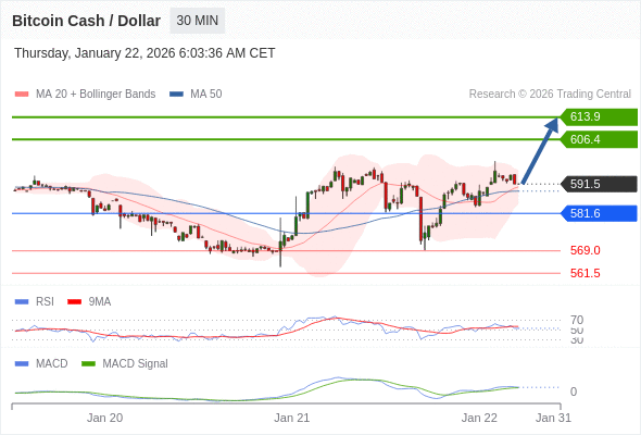 Our preference: the upside prevails as long as 581.6 is support.