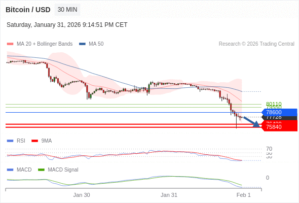 Our preference: the downside prevails as long as 78600 is resistance.