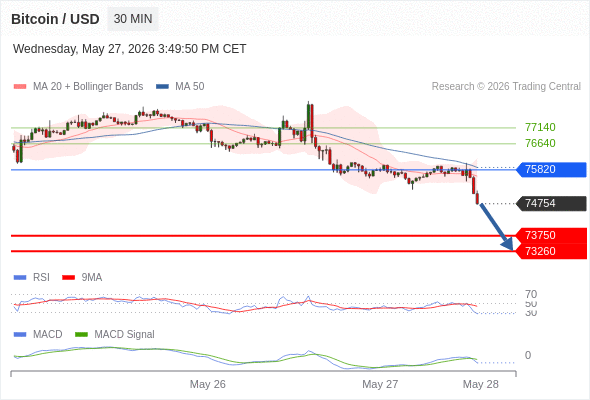 Our preference: the downside prevails as long as 75820 is resistance.