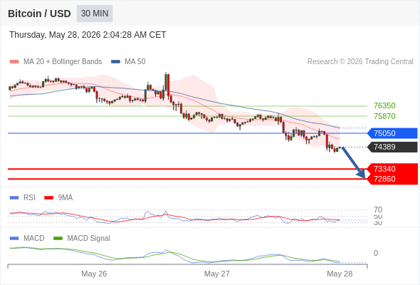 Our preference: the downside prevails as long as 75050 is resistance.