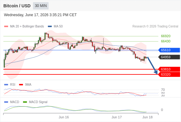Our preference: the downside prevails as long as 65610 is resistance.
