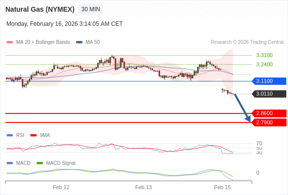 Gas Alam (NYMEX) mungkin turun ke 2,7900 - 2,8600.