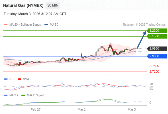 Gas Alam (NYMEX) mungkin naik ke 3,1500 - 3,2200.